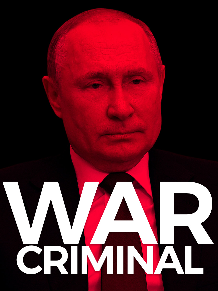 A picture of Vladimir Putin with the text 'War Criminal' on it
